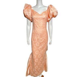 Vintage 80s Prom Dress Gown Peach Puff Sleeves Lace Overlay Butt Bow Size 10